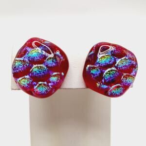 Artisan Iridescent Red Dichroic Glass Clip On Earrings Handmade Vintage Style